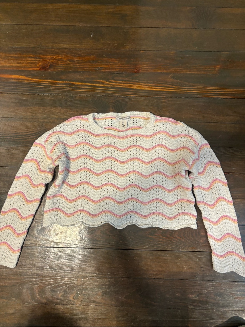 Sincerely Jules Pink & Cream Wavy Crochet Crewneck Sweater